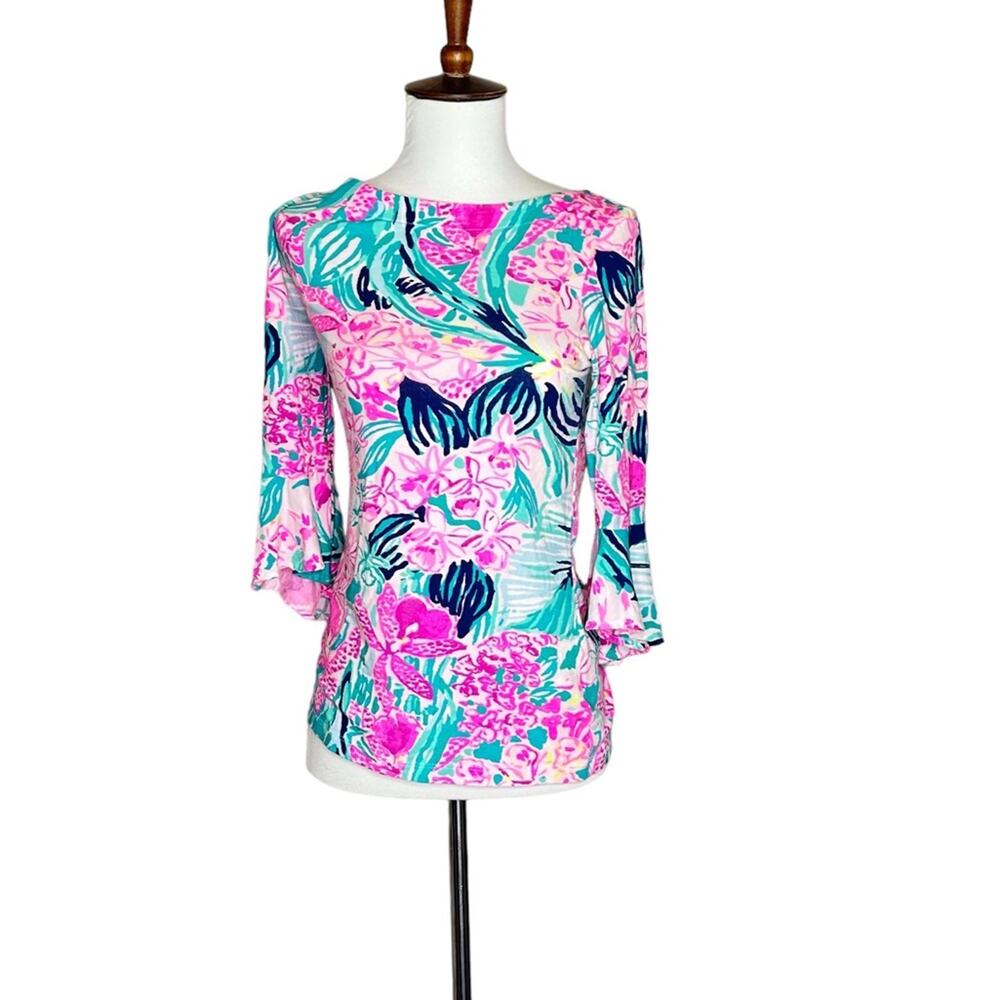 Lilly Pulitzer Pink Green Floral 3/4 Bell Sleeve Shirt Size XXS